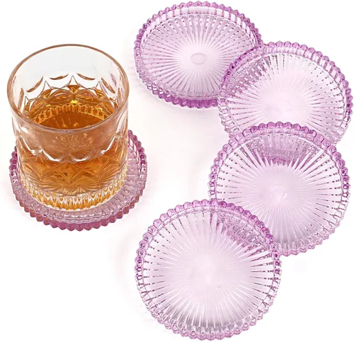 Miniatura 17 de Juego de 5 posavasos modernos transparentes de cristal para bebidas, posavasos redondos y elegantes, bonitos posavasos para mesa de café para Ámbar