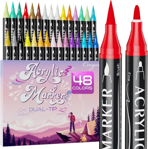 Marcadores de pintura acrílica de doble punta de 48 colores, punta fina y punta de pincel, bolígrafos de pintura acrílica permanente para pintura de