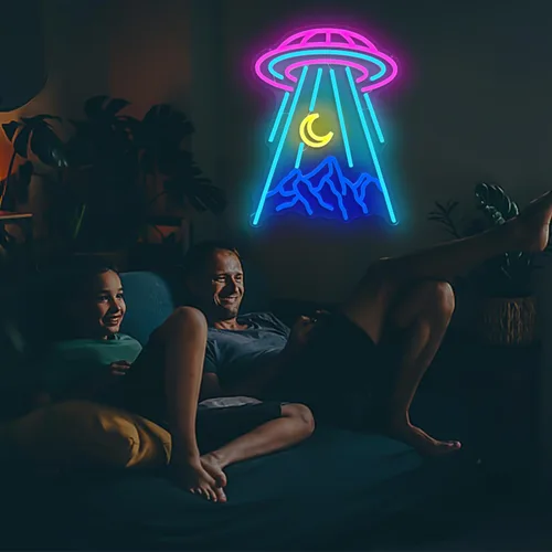 Miniatura 6 de Letrero de neón OVNI para decoración de pared, diseño de nave espacial de extraterrestre, montaña, letrero de neón regulable con luna LED, letrero