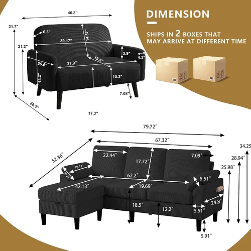 Miniatura 2 de Juego de sofá seccional de corduroy con otomano de almacenamiento y sofá cama, sofá en forma de L de 3 plazas con otomano de almacenamiento oculto