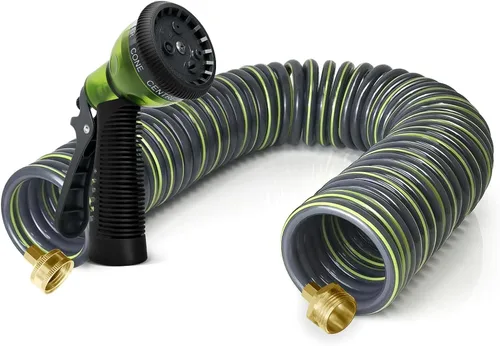 Miniatura 11 de Manguera de jardín de bobina de EVA de 25 pies con conector de latón de 3/4 pulgadas, manguera de agua en espiral, ligera y sin torceduras, incluye