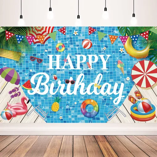 Decoraciones de fiesta de cumpleaños para piscina, pancarta de feliz cumpleaños, telón de fondo de fiesta de piscina para fiesta de cumpleaños,