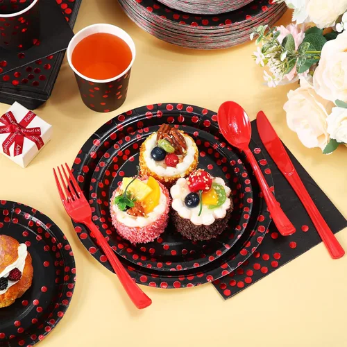 Miniatura 4 de Sieral 560 piezas de suministros de fiesta negros y rojos para 80 invitados, juego de vajilla desechable con platos de papel negro y rojo