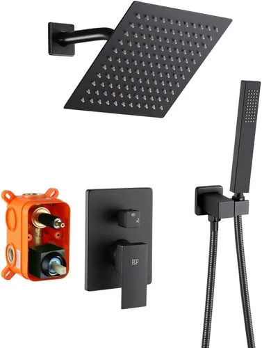 Sistema de ducha negro para baño, juego completo de grifo de ducha montado en la pared de 8 pulgadas y mango con cuerpo de válvula áspero y kit de