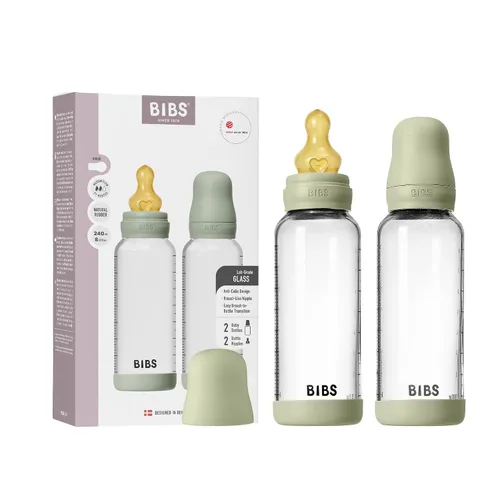 Miniatura 22 de BIBS Biberón de vidrio para bebé. Anticólico. Tetilla de látex de goma natural redonda. Respalda la lactancia natural, Juego completo - 225 ml, Azul