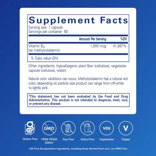 Miniatura 2 de Pure Encapsulations Metilcobalamina 1,000 mcg - Suplemento de vitamina B12 para apoyar la memoria y la salud de los nervios - Cápsulas premium