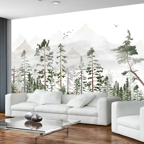 Miniatura 2 de Reyhui - Mural de pared de animales, bosques, pájaros y paisajes naturales, papel pintado de montañas brumosas para decoración de fondo de pared