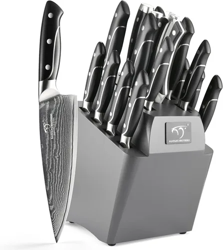 Juego de cuchillos de cocina de Damasco de 18 piezas, 8 cuchillos de carne, mango ergonómico de ABS antideslizante triple remache para tenedor de