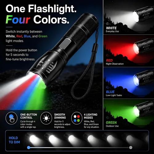 Miniatura 3 de Linterna recargable roja 4 en 1, linterna LED multicolor (blanco/rojo/azul/verde) con 4 modos, linterna con zoom de alto lúmenes para camping