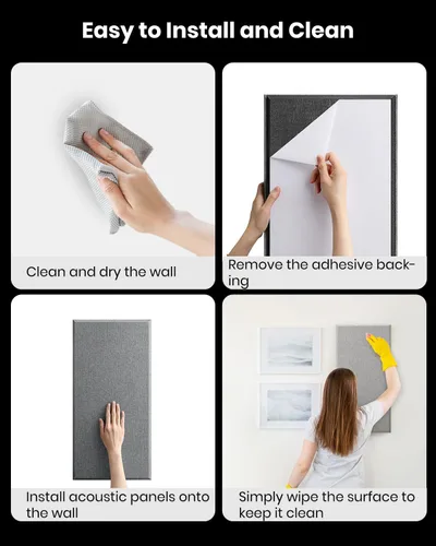 Miniatura 6 de Moukey Paneles acústicos, 4 unidades, paneles de pared de fibra de vidrio de 2.4 pulgadas de grosor, 24 x 12 pulgadas, paneles autoadhesivos de Gris