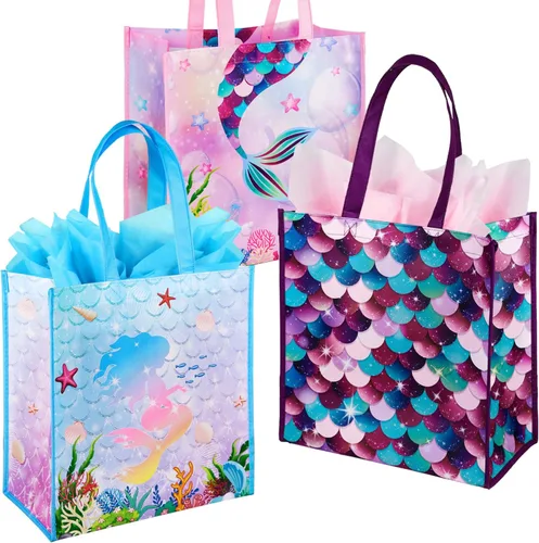 BLEWINDZ Bolsas de regalo grandes con pañuelos: 3 bolsas de regalo reutilizables con asas para fiestas de cumpleaños, baby showers, compras (13 x 7