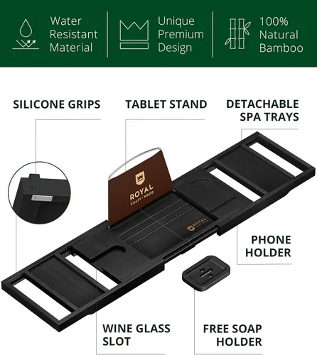 Miniatura 4 de ROYAL CRAFT WOOD Bandeja de bañera plegable de alta calidad, bandeja de baño de madera para bañera, estante de bambú, bandejas de mesa de baño