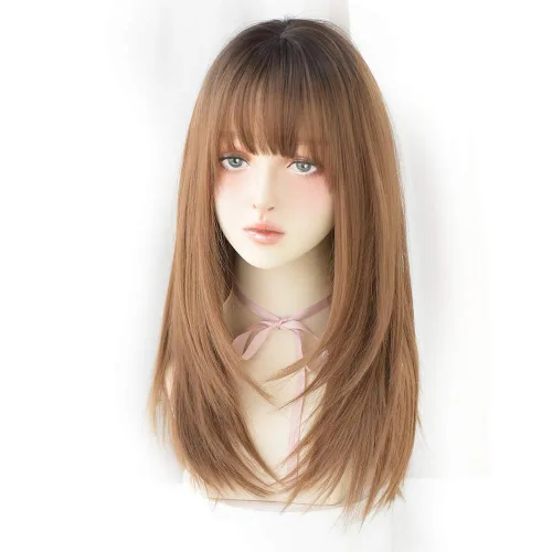 Miniatura 18 de Peluca de 22 pulgadas de largo y lacia con flequillo de cortina para mujer, cabello sintético negro, resistente al calor, para fiesta, cosplay, Té