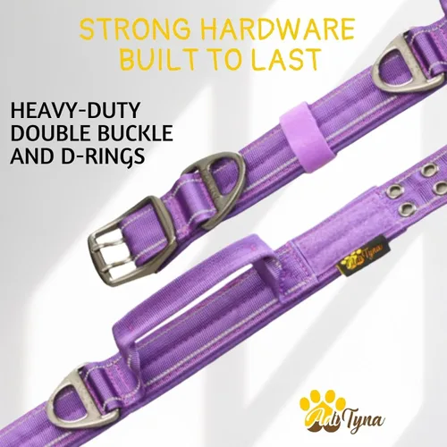 Miniatura 4 de ADITYNA Collar de perro resistente para perros grandes, collar morado reflectante con asa para entrenar y caminar, ancho, grueso, táctico, acolchado