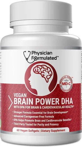 DHA vegano para cerebro y prenatal 100% a base de algas Omega 3 ácidos grasos esenciales sin carragenano, sin aceite vegetal más 2500 mcg de
