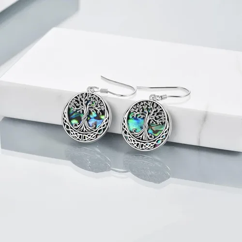 Miniatura 3 de Aretes de plata de ley con diseño de árbol de la vida celta con concha de abulón para mujer