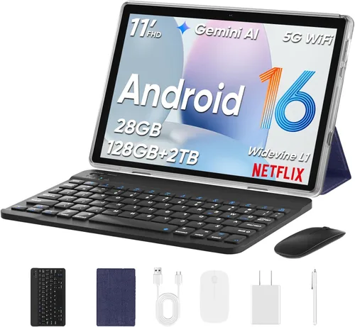 TUOHAITIME Tablet Android 16 actualizada 2026, tabletas Android de 11 pulgadas, 28 GB+128 GB+1 TB expandir, compatible con desbloqueo facial+carga