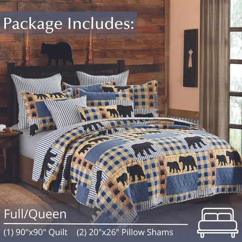Miniatura 3 de Virah Bella Juego de ropa de cama de 3 piezas tamaño Queen Lodge - A cuadros con oso negro - Juego de edredón reversible rústico para cabaña