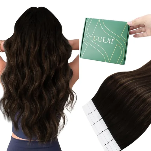 Miniatura 13 de Ugeat - Extensiones de cabello humano con cinta adhesiva, color marrón, extensiones de cabello humano, color marrón oscuro a rubio caramelo, Cinta