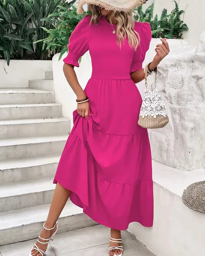 Miniatura 152 de BTFBM Vestidos para mujer, cuello redondo, casual, de verano, con volantes, manga corta, bohemio, con niveles, fruncido, largo, con estampado floral