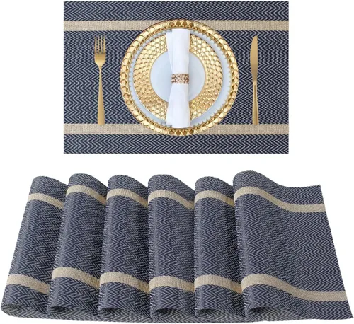 Miniatura 15 de FAVE Juego de 12 manteles individuales negros tejidos con hilo dorado de vinilo para bodas, banquetes, cumpleaños, fiestas, restaurantes