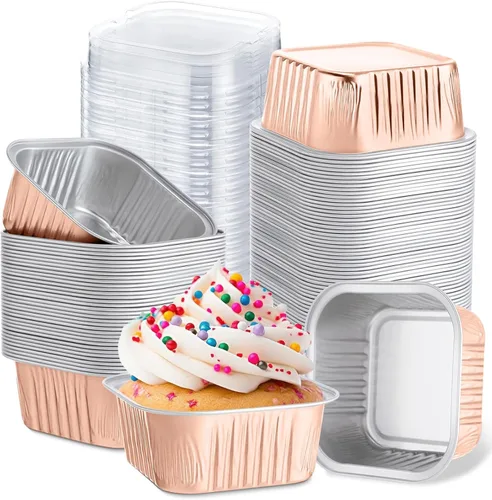Miniatura 16 de Skylety 100 Piezas Moldes para Hornear Cuadrados Mini de 5 oz con Tapa Molde de Lámina de Aluminio para Magdalenas Molde para Brownies Moldes Varios