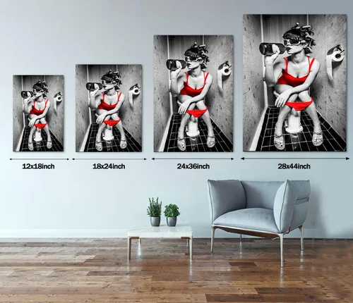 Miniatura 4 de Arte de pared moderno en blanco y negro sexy dama pintura mujer genial arte corporal sexy chica desnuda bebida vino tinto sentado en el inodoro