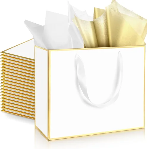 Miniatura 22 de ReliThick Paquete de 12 bolsas de regalo de papel metálico con asas y papel de seda de 11.8 x 10 x 4 pulgadas, bolsa de agradecimiento para Azul
