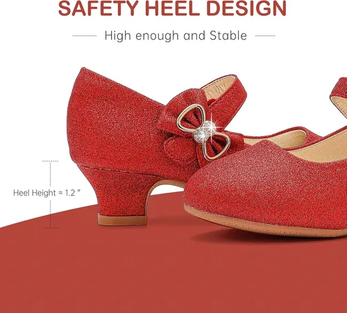 Miniatura 5 de Dufannie Zapatos de vestir para niñas, zapatos de tacón bajo de princesa, zapatos planos con purpurina para bodas y fiestas