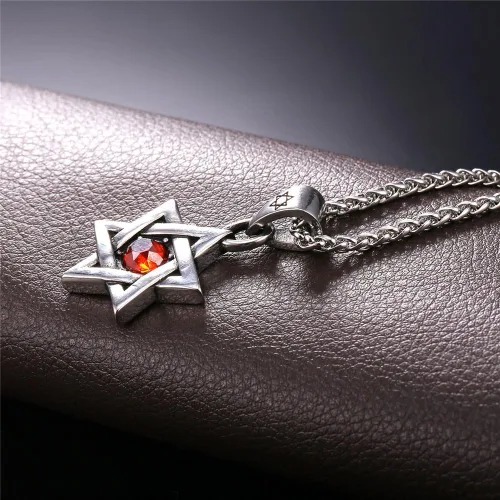 Miniatura 25 de U7 - Collar con Estrella de David para hombres y mujeres, dije hexagonal de acero inoxidable con cruz/piedra de rubí/collares clásicos judíos