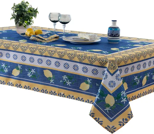 Home Bargains Plus Mantel rectangular de tela, 52 x 70 pulgadas, jardín de limón azul, para interiores y exteriores, resistente a las manchas y al