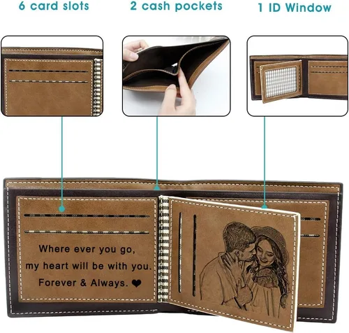 Miniatura 5 de Amlion Carteras personalizadas, cartera de piel grabada para fotos, para hombres, papá, marido, Rojo Marrón, Minimalista