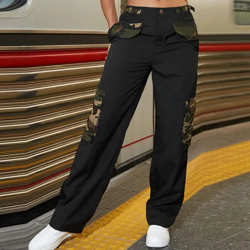 Miniatura 2 de Camouflage Pocket Y2k Cargo Pants for Woman,Slim Solid Pants Buttons Waist Straight Pants Plus Size Womans Sweatpants