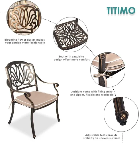 Miniatura 3 de TITIMO Juego de comedor de 7 piezas de aluminio fundido para patio, muebles de comedor al aire libre, juego de conversación de patio, mesa