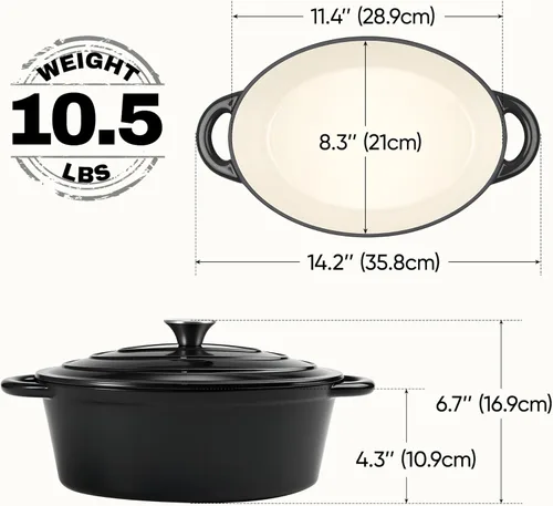 Miniatura 3 de Horno holandés ovalado para hornear pan, olla de horno holandés de hierro fundido esmaltada antiadherente de 4.5 cuartos de galón con tapa, cazuela