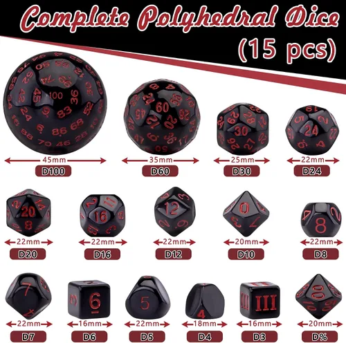 Miniatura 2 de AUSTOR juego completo de 15 dados poliédricos D3-D100 con bolsa de almacenamiento de cuero con cordón para juegos de mesa de rol (negro y rojo)