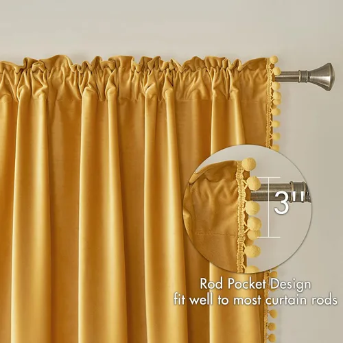 Miniatura 4 de MIULEE - Cortinas de terciopelo con pompones amarillo mostaza para habitación/sala de estar, cortinas opacas para otoño, aislantes térmicos, de 84