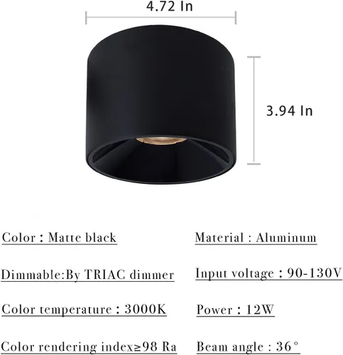 Miniatura 4 de Foco de Techo LED Regulable de Aluminio Negro Mate de 4.72 pulgadas, Foco Cilíndrico para Interiores, Moderno, Minimalista, Luminaria Direccional