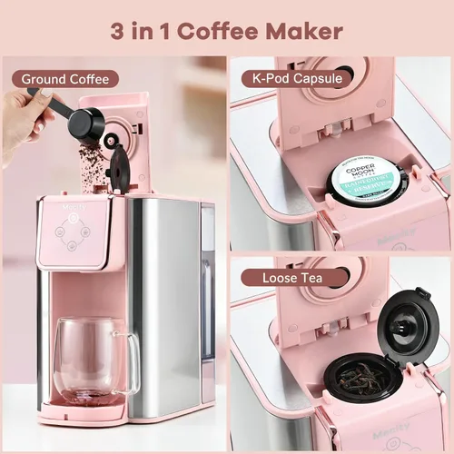 Miniatura 3 de Mecity Cafetera Rosa 3 en 1 Máquina de Café de Una Sola Porción, Para Cápsulas de Café de Fondo Plano, Café Molido, Taza de 6 a 10 Onzas, Depósito