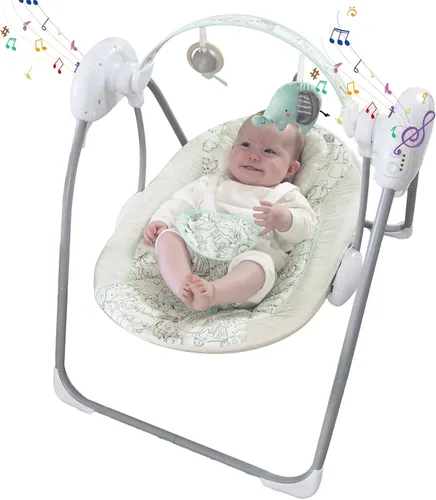 Miniatura 9 de Columpio de bebé portátil para bebés, compacto y plegable con columpio de 5 velocidades, música, temporizador, asiento acolchado, funciona