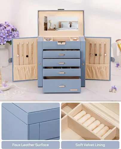 Miniatura 42 de Homde Regalos de Navidad de cuero sintético, enorme joyero, organizador de reloj con espejo, collar, anillo y aretes, estuche de regalo con Dorado