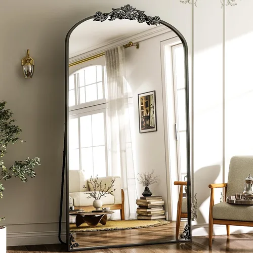 Miniatura 2 de GLSLAND Espejo Vintage - 72" x 44" Espejo de Cuerpo Completo Grande Tallado Arqueado con Marco de Metal Barroco Espejos de Cuerpo Completo para Negro