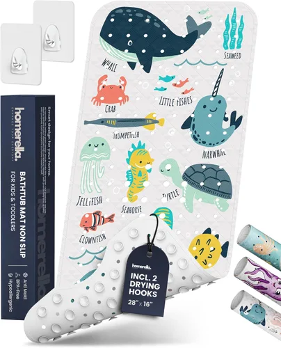 Miniatura 21 de Homerella - Alfombrilla de baño antideslizante y antideslizante para niños, 40 x 16 pulgadas, sin BPA, incluye 2 ganchos, tapete de ducha lavable