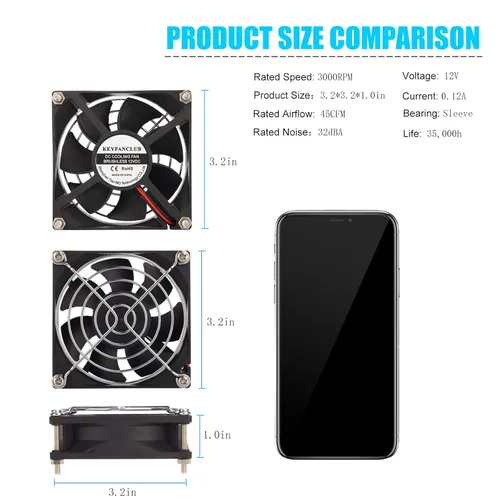 Miniatura 2 de Paquete de 2 ventiladores de repuesto de 80 mm x 25 mm, CC 12 V, 2 pines, sin escobillas, ventilador de refrigeración de reemplazo KEYFANCLUB