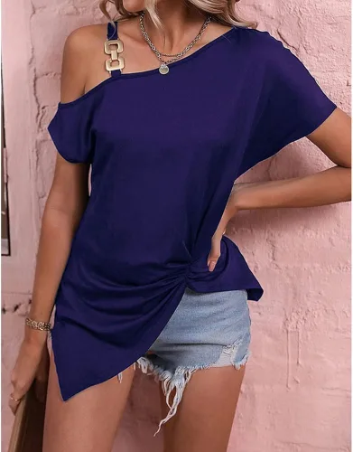 Miniatura 5 de Blusa sexy de manga corta para mujer, con hebilla de metal, asimétrica, con correa de hebilla de metal
