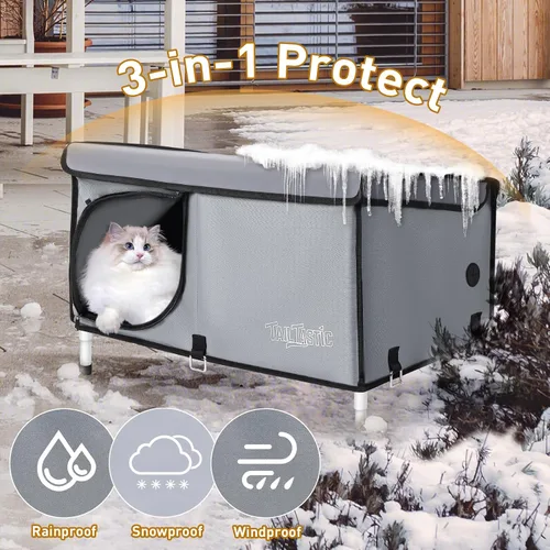 Miniatura 3 de Casa para gatos al aire libre elevada, casa para gatos salvajes aislada al aire libre para invierno, cama para gatos impermeable con almohadón