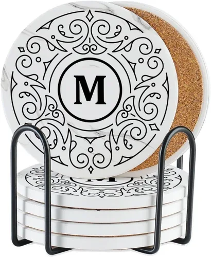 Miniatura 15 de Onebttl Juego de 6 posavasos con monograma, letra inicial, cerámica, absorbente con base de corcho, decoración del hogar para familia, inauguración