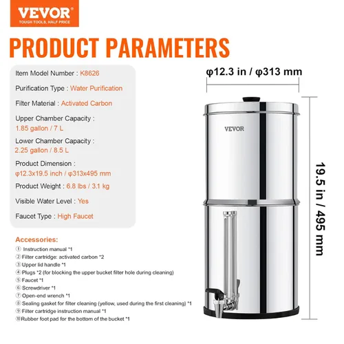 Miniatura 7 de VEVOR Sistema de filtro de agua alimentado por gravedad, sistema de sobremesa de acero inoxidable 304 de 2.25G, sistema de filtración de agua, Nivel