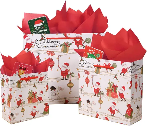 SHIPKEY Paquete de 12 bolsas de regalo de Navidad, bolsas de papel navideñas de Papá Noel en 3 tamaños surtidos con papel de seda, bolsas Tamaños