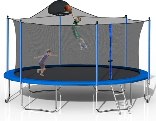 Miniatura 3 de Evedy Juego de trampolín de 16 pies, 14 pies y 12 pies con columpio, tobogán, aro de baloncesto, trampolines deportivos con red de cierre